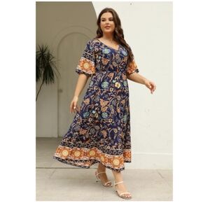 🆕 KELUYMMI Blue Floral Maxi DRESS Sz 26 long Short Sleeve